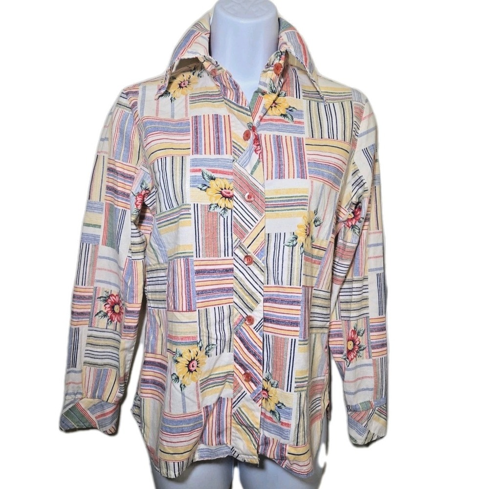 Vintage 1970s JC Penney‎ Daisy Printed Patchwork Dagger Collar Shirt Top Size 8